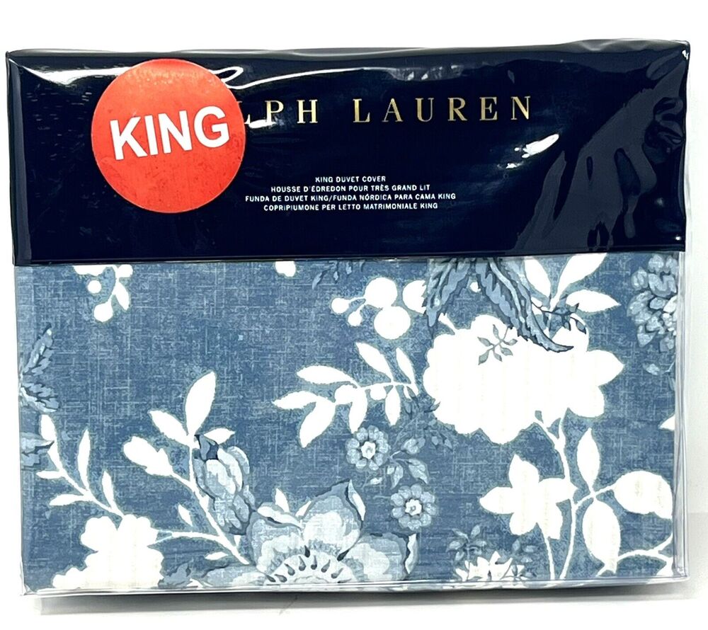 Ralph Lauren Indigo Cottage King Size Duvet Cover Blue Cream COTTON Floral NIP